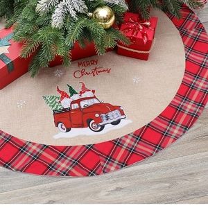 48" Burlap Christmas Tree Skirt w/ Buffalo Plaid Trim & Vintage Truck w/ Gnomes